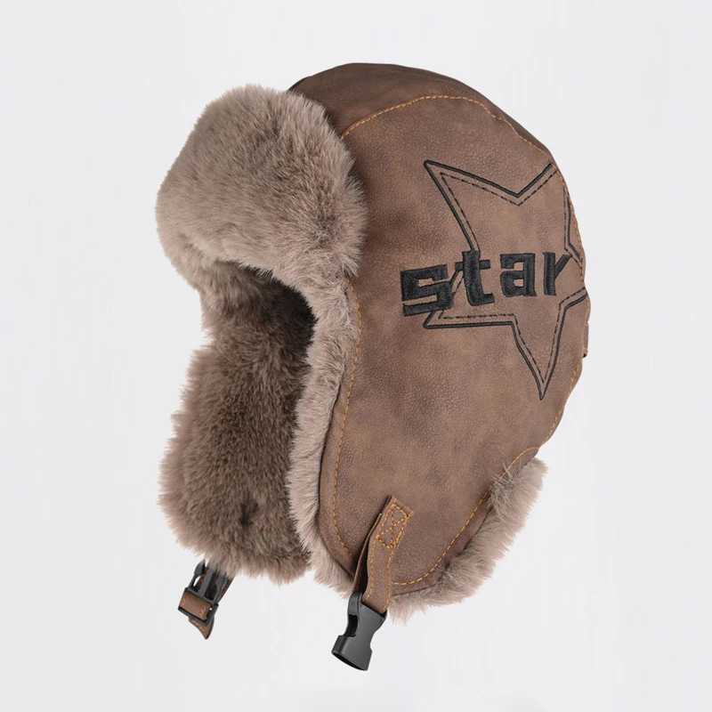 1pcs Men Ushanka Winter PU leather Bomber Hat Outdoor Motorcycle Windproof Warm Faux Fur Pilot Earflap Hat Leather Thermal