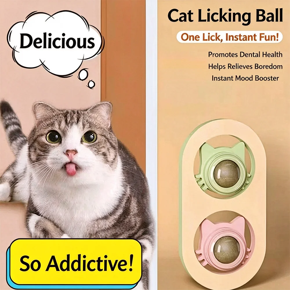 Natural Rotatable Catnip Licking Ball Toy, Wall Stick-on Cat Mint Ball, Healthy Snack for Kitten, Clean Teeth & Help Hairball