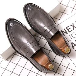 Primavera y otoño, zapatos negros para hombre, zapatos de vestir, mocasines de cuero informales para tendencia de moda, zapatos sin cordones de estilo británico de lujo para hombre