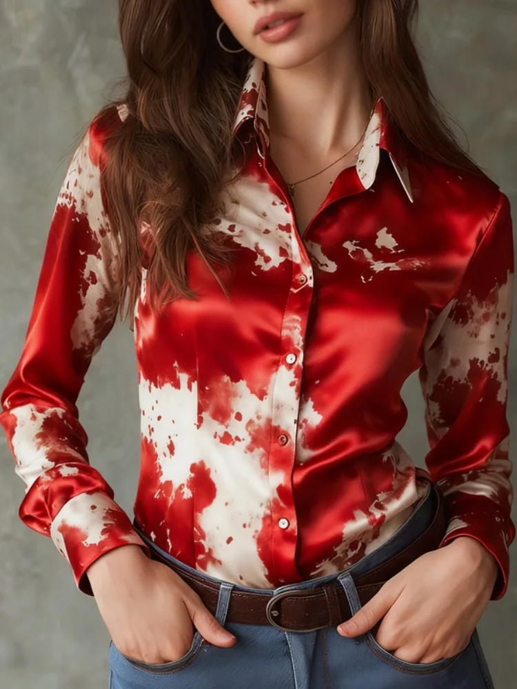 

Женская блузка UOOZEE, новинка весны 2026, с контрастным принтом, отложным воротником, на пуговицах, элегантная, повседневная, для вечеринок и офиса, модная рубашка-топ