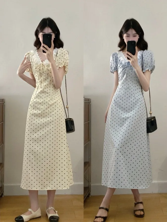 

Slimming Effect French Style V-Neck Lace Trim Belted Summer Dress plus Size Polka Dot A-Line Dress Breathable Short Sleeve
