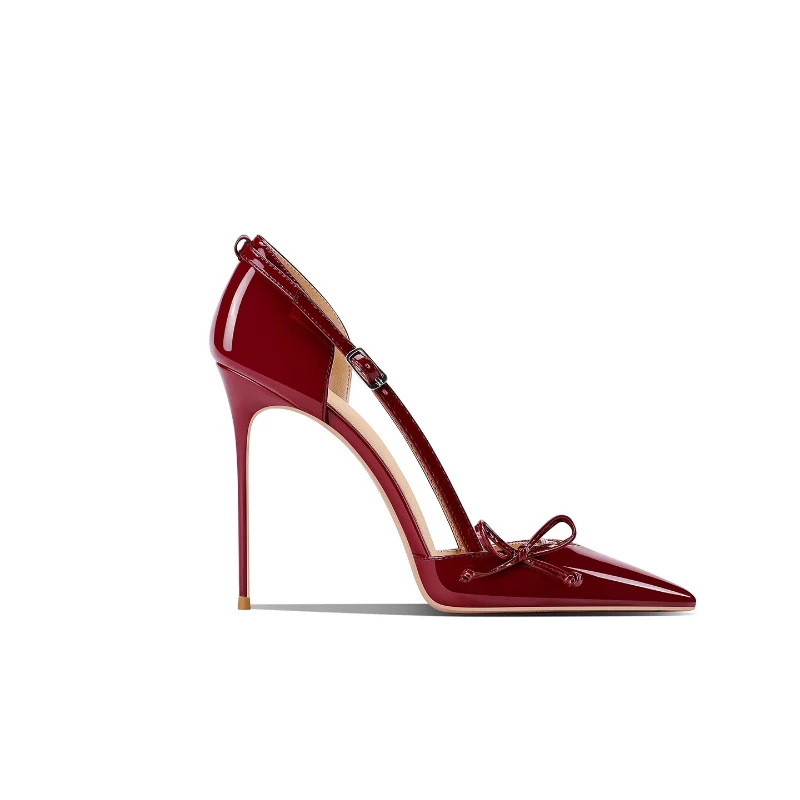 New pointed, slim and high-heeled shoes with women's chain design for banquets, wine red, sexy and non tiring single shoes