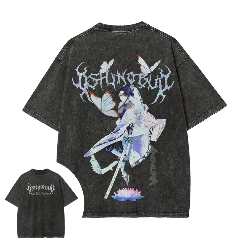 Demon Slayer Herren- und Damen-T-Shirt im Used-Look, Shinobu Kocho, Sommer- und Frühlings-Anime-T-Shirt, Retro Distressed Oversize Kurzarm