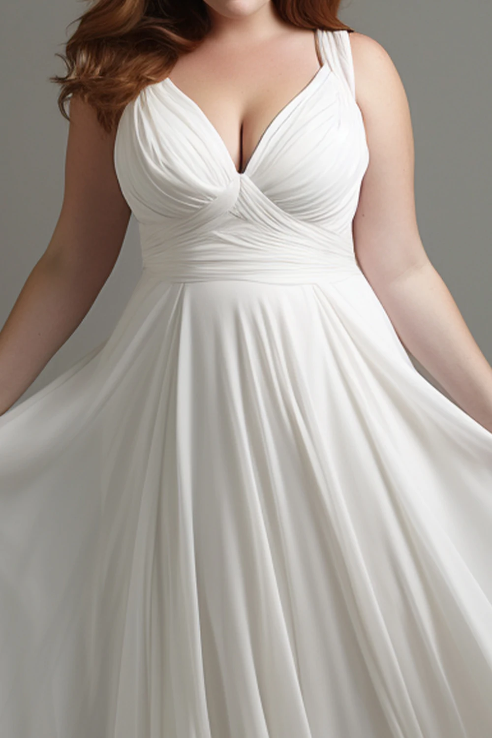 Flycurvy Plus Size Formal White Chiffon Built-in Bra Deep V Neck Empire Waist Cami Maxi Dress