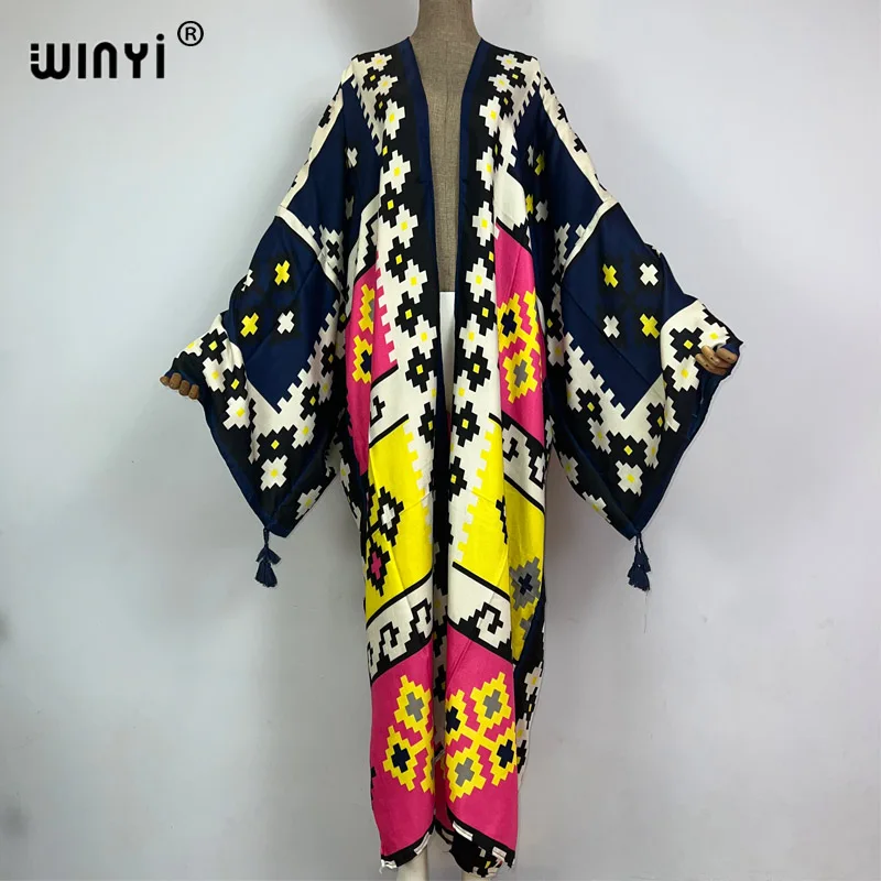 2023 WINYI new Cotton feeling Bikini Cover-ups Bohemian print Front Open Long Kimono kaftan Beach Cover Ups for Swimwear Dresses