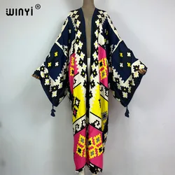 2023 winyi neue Baumwolle Gefühl Bikini Vertuschungen Bohemian Print vorne offen lange Kimono Kaftan Strand Vertuschungen für Bade bekleidung Kleider