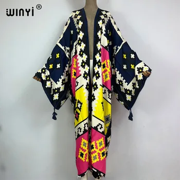 2023 Winyi Nieuwe Katoenen Aanvoelende Bikini Cover-Ups Bohemian Print Open Voor Lange Kimono Kaftan Strandhoes Voor Badkleding Jurken