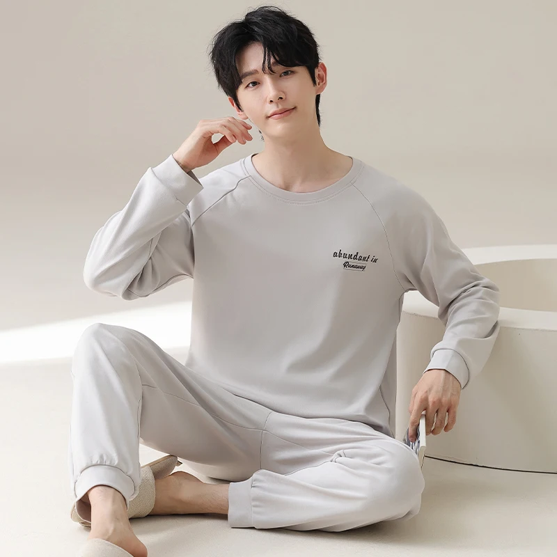Two Pieces Set Men's Cotton Pajamas Set Pullover Home Clothes Autumn Spring Pjs Pyjamas Homme 3XL 2XL Plus Size Nightwear