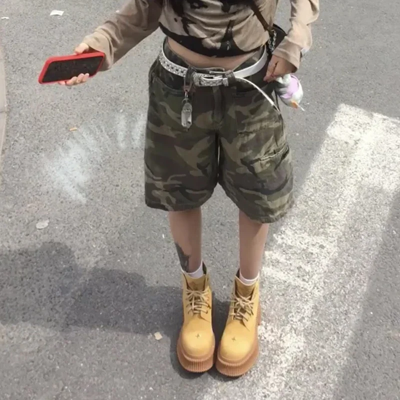 

PBAP Retro Camouflage Wide Cargo Pants Women Wash High Rise Baggy Jorts Loose Casual Knee Long Denim Shorts Harajuku Streetwear