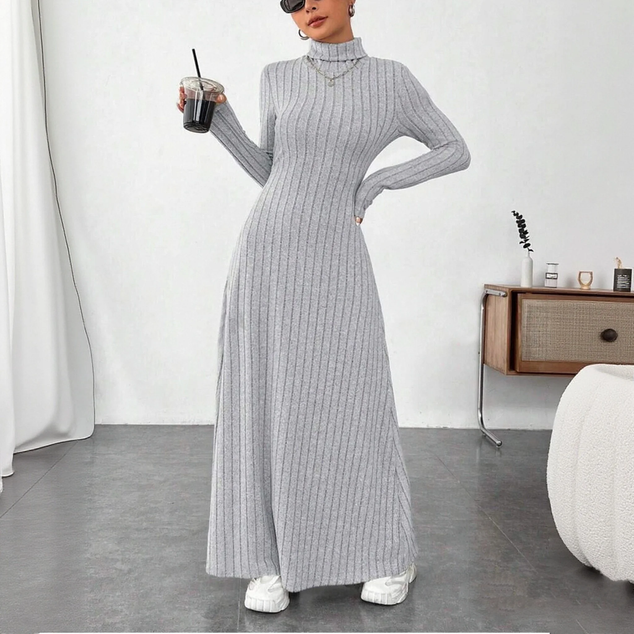 Gestrickte Elegante Langarm Kleid Frauen 2025, Herbst Winter Vintage Kleider Rollkragen Fashion Solid Vestidos Casual Straße Y2K