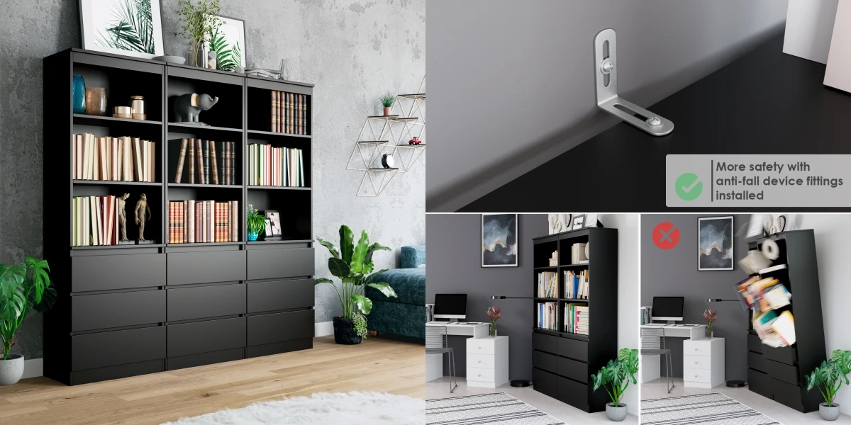 Getone Tall Bookcase, Living Room Bookshelf with 3 Drawers and 3 Shelves, Freestanding Storage Cupboard Display Cabinet 60x35x180cm White/Black/Oak