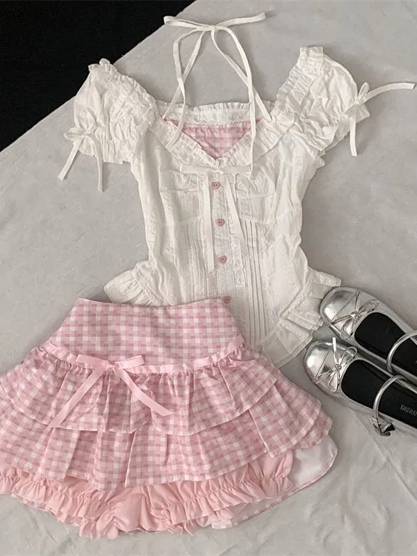 핑크 체크 버블 슬리브 매듭 탑과 스커트 세트 여성용 패셔너블한 대학 스타일 투피스 여름 의상...