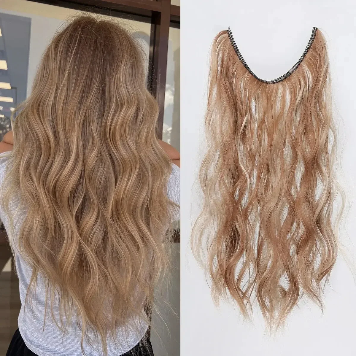 22Inch Long Water Wave Hair Extensions Brown Blonde Highlight Hair Piece Invisible Wire Air Extension For Women Hair Accessories