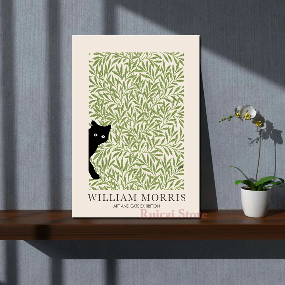 Póster en lienzo de William Morris con diseño de gato negro, arte de pared vintage con hojas verdes, impresión de exposición de arte y gatos para decoración del hogar