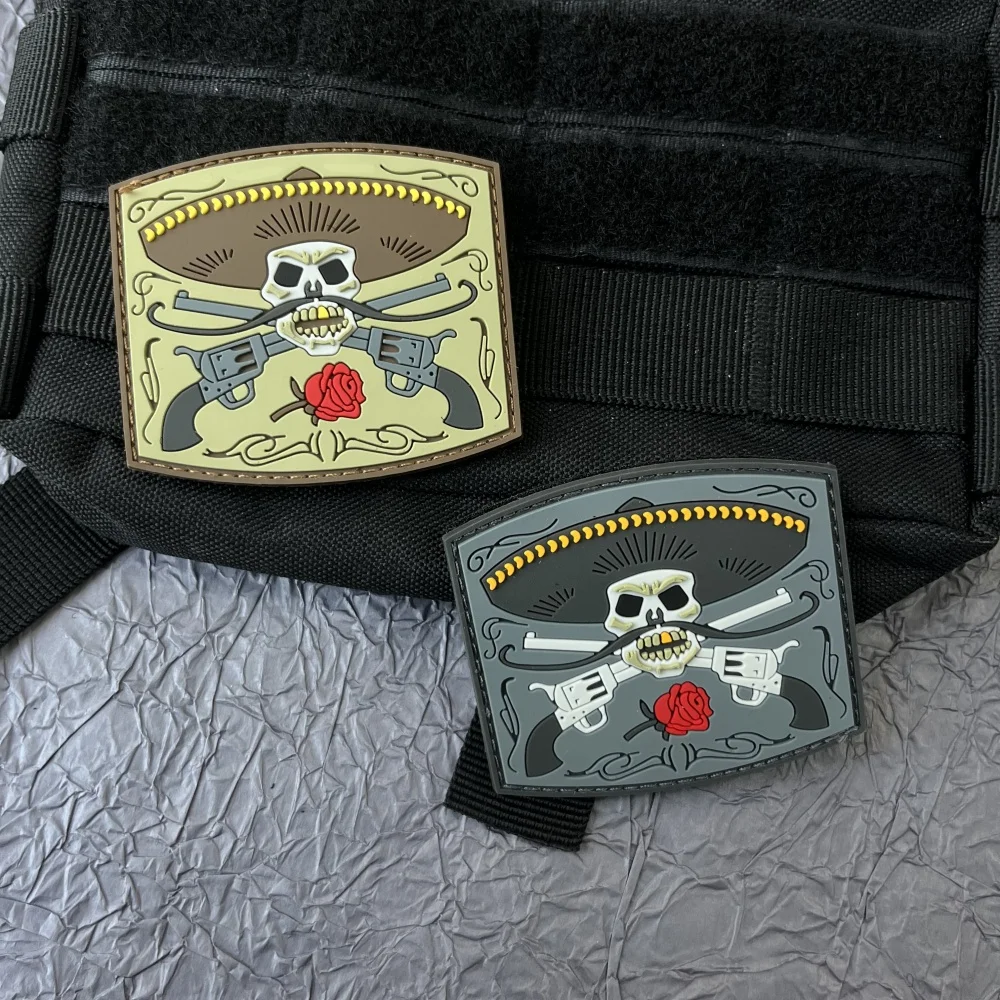 Double Gun Rose Pvc Stickers for Clothes Tactical and Military Accessories Backpack Patch Skull Badges Hook and Loop Patches