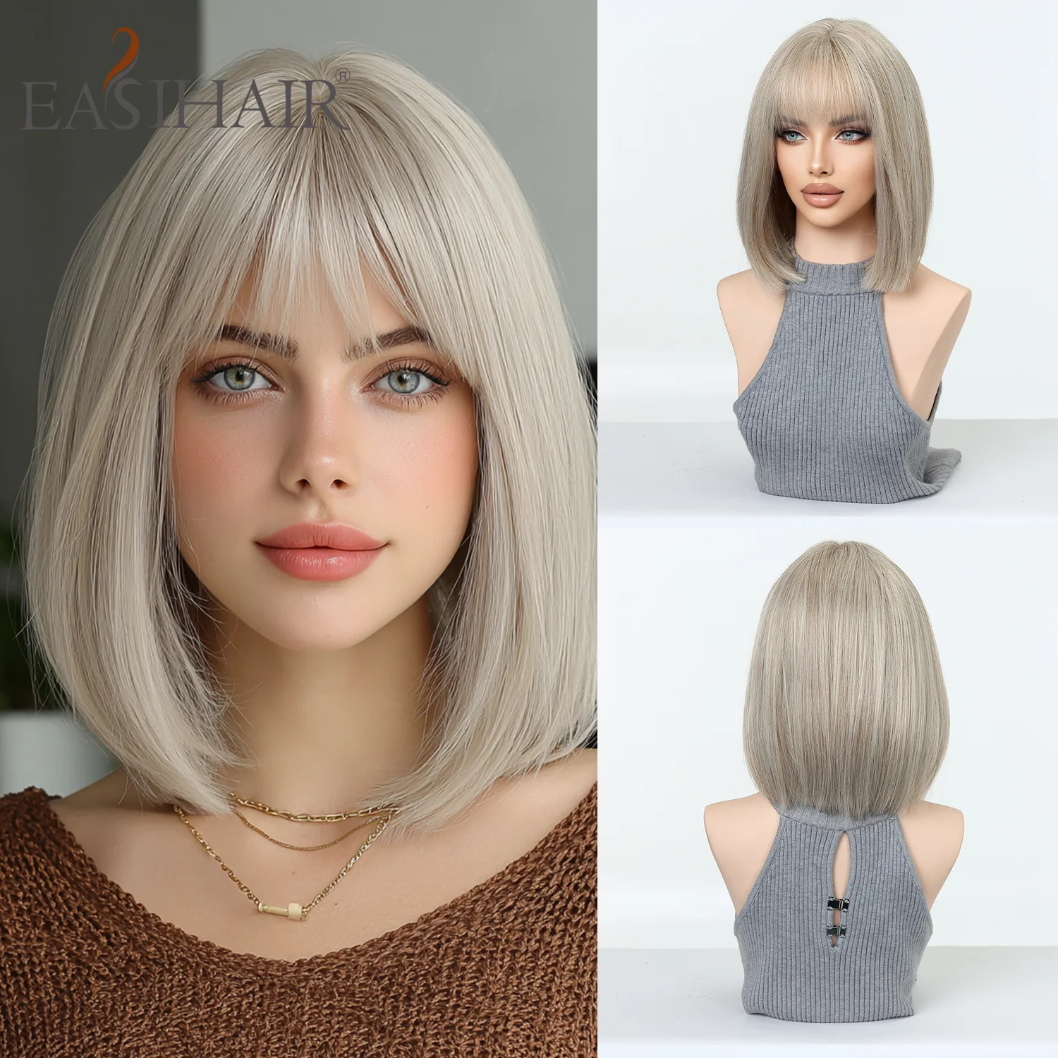Weißblonde kurze Bob-Perücke aus Kunsthaar mit Pony, grau, glatt, hitzebeständige Faser für Frauen, Alltag, Büro, Party, natürlicher Look