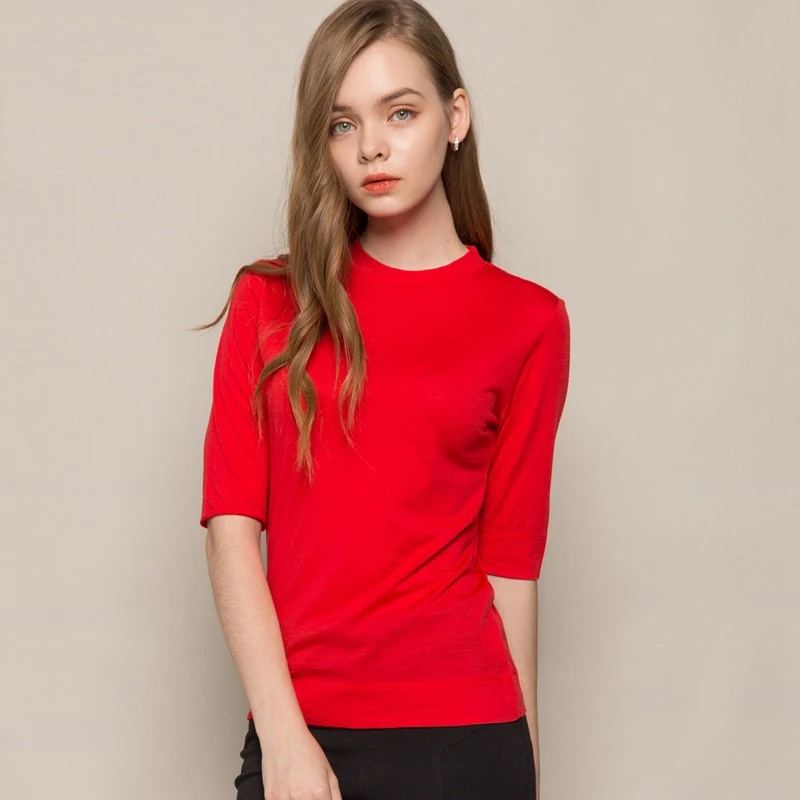 100% wool shirt women top summer clothes shirts for woman short sleeve clothing tee pullover womens aesthetic sexy fashion red