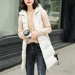 4XL Women Solid Hooded Vest Zipper Pocket Loose Sleeveless Jacket Long Down Coat Female Winter Warm Vest Cold-Proof Puffer Coats