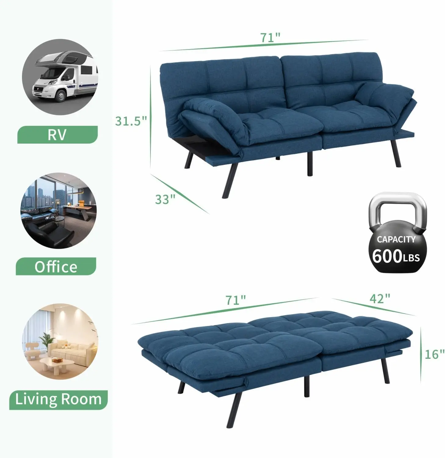 Futon Sofa Bed Convertible Couch Filled with Memory Foam Modern Loveseat with Adjustable Backrest Armrest Sofas for Living Room