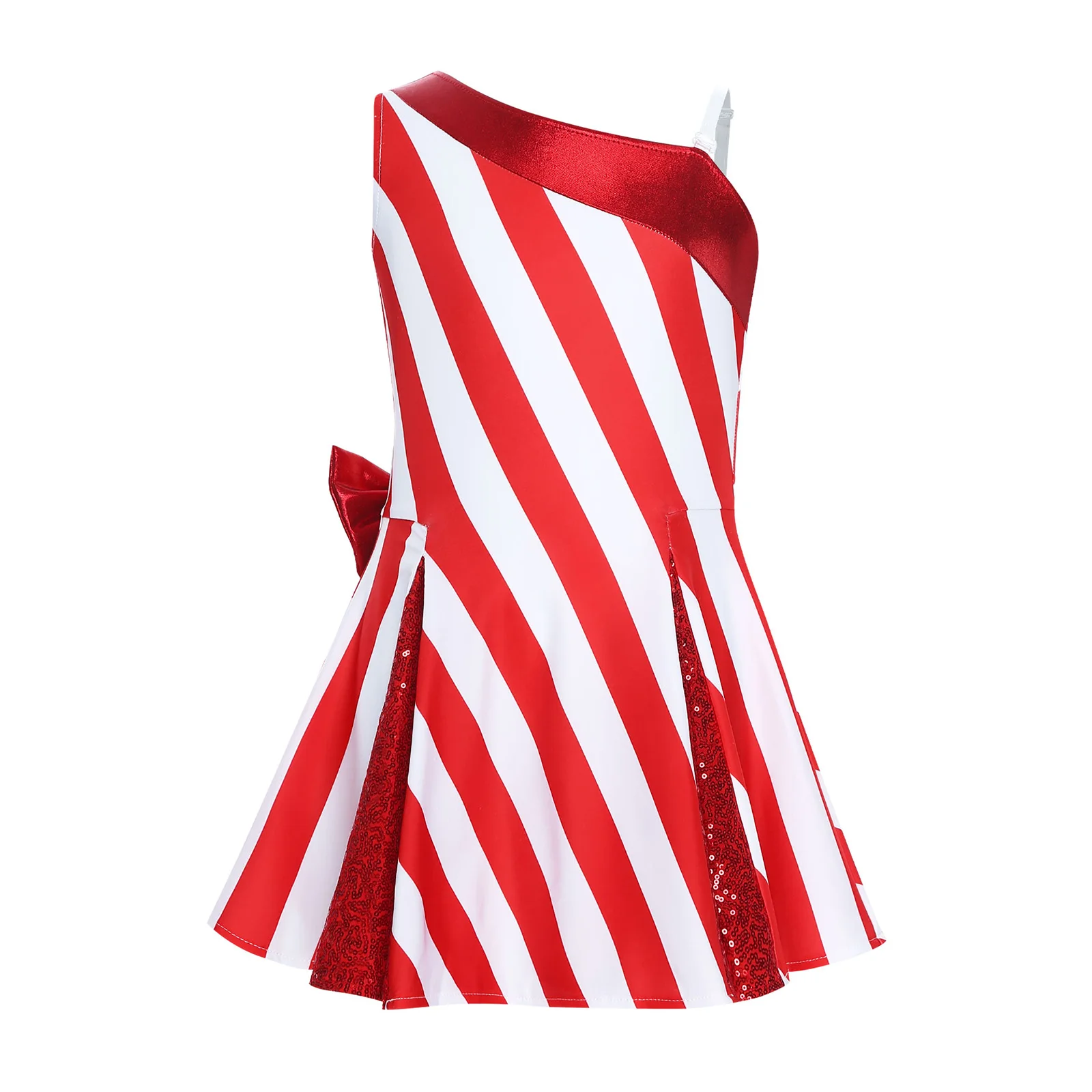 Kostum Pesta Natal Anak Perempuan Gaun Leotard Santa Claus Desain Satu Bahu dengan Pita Metalik untuk Pesta Festival Natal