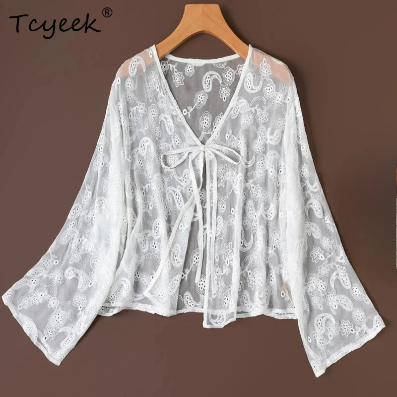 

Tcyeek 100% Real Mulberry Silk Woman Tops 2026 Summer Embroidered Semi-transparent Lace-up White Shawl Ladies Clothes Ropa Mujer