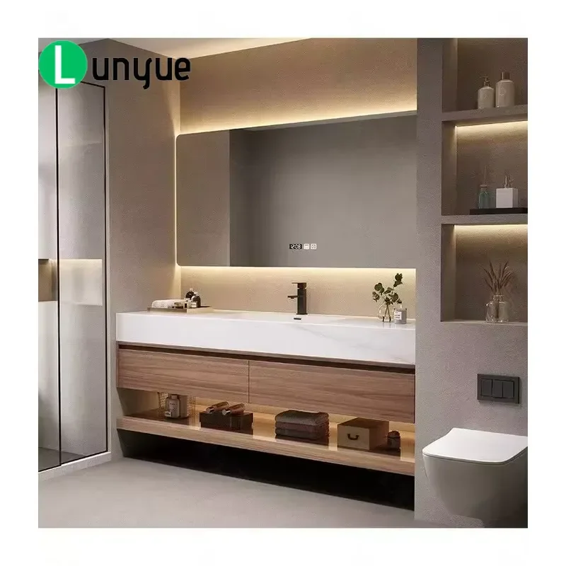 Modern Solid Wood Floating Bathroom Sink with Artificial Stone Countertop Multifunctional Washbasin for Hotel Home Use