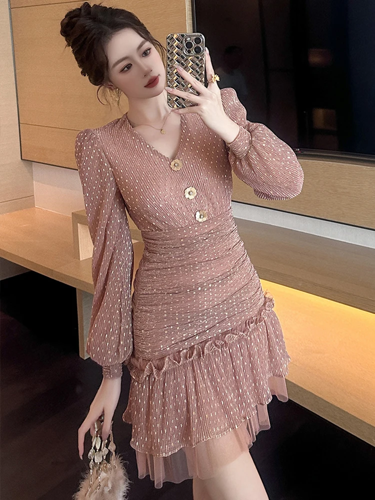 Women Clothes Chic Sweet Pink Mesh Puff Sleeve Ruffle Slim Mini Short Dress Elegant Ladies Party Birthday Vestido Fiesta Casual