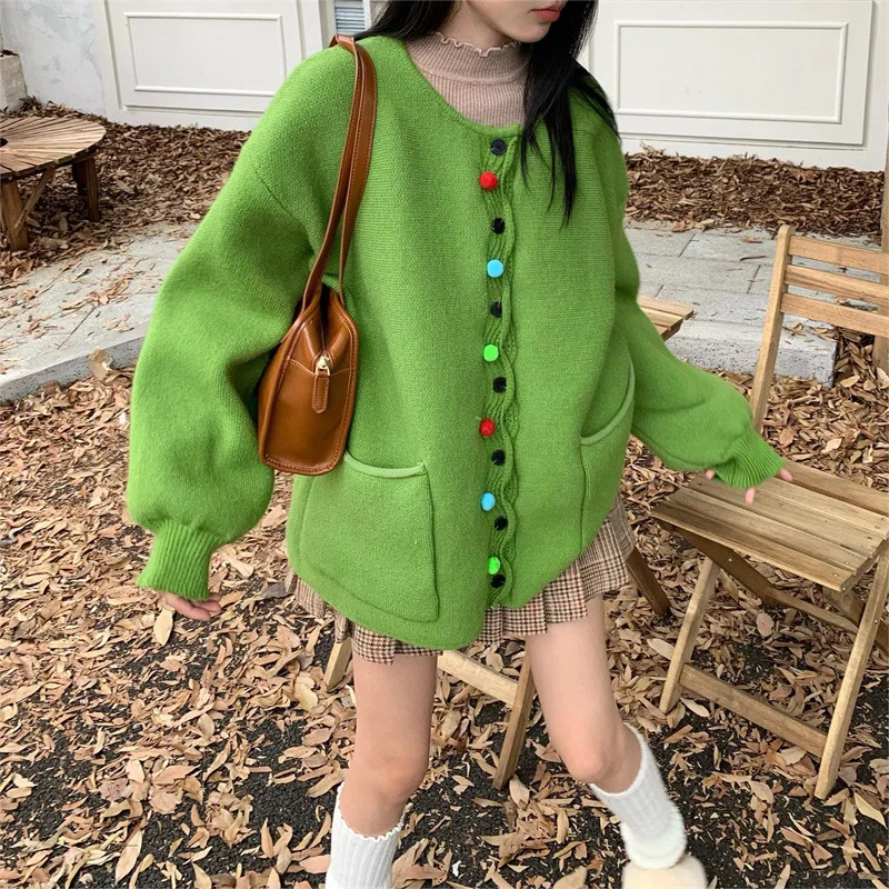 

Fashion Big Pocket Women's Sweater Autumn New O-neck Cardigan Sweet Colorful Button Loose Knitted Coat Long Sleeve Top ﻿