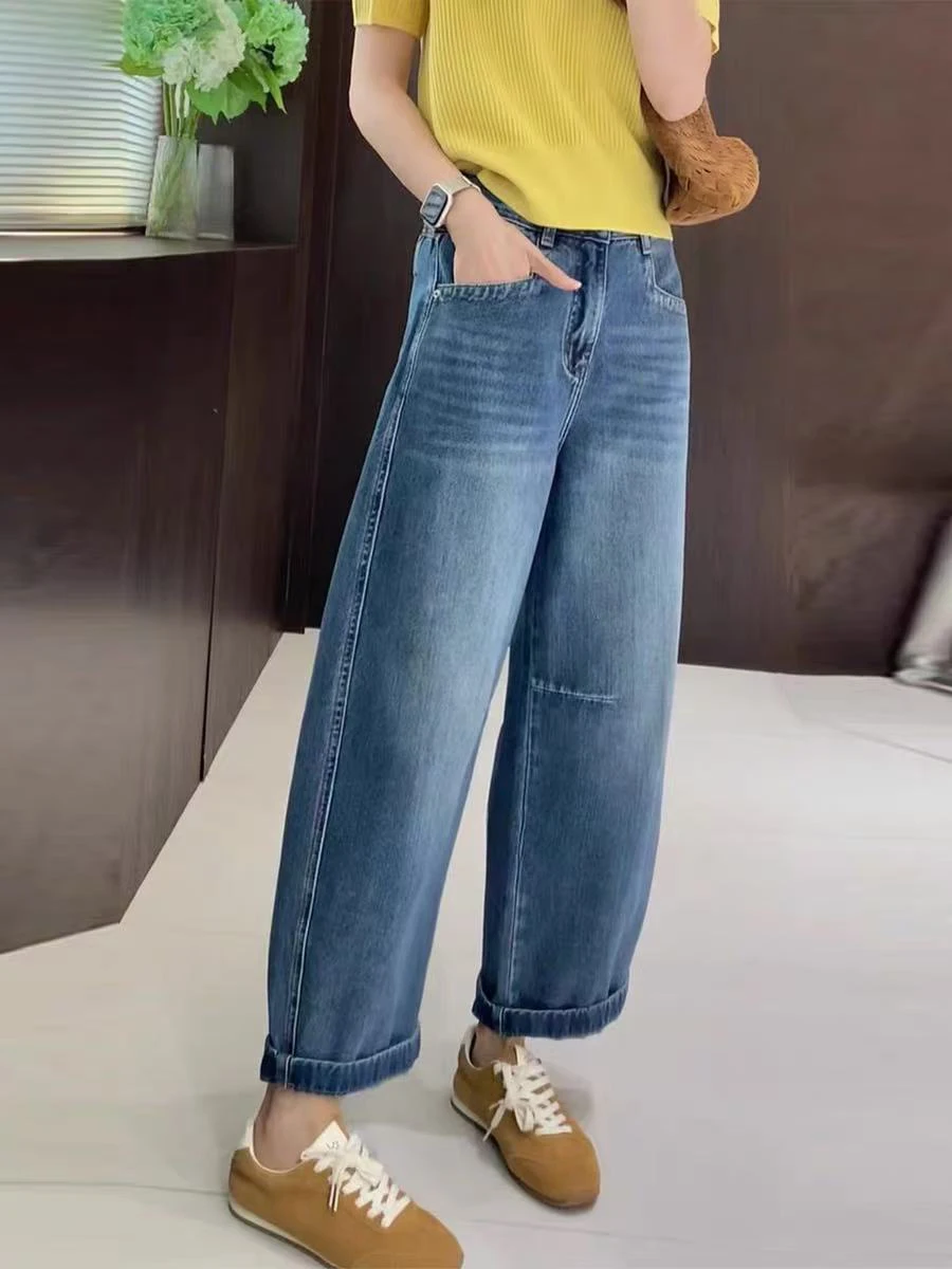 

High Waist Loose Fit Straight Leg Jeans Women's plus Size Vintage Nine-Piece Spring Summer Slimming Wide Leg Pants