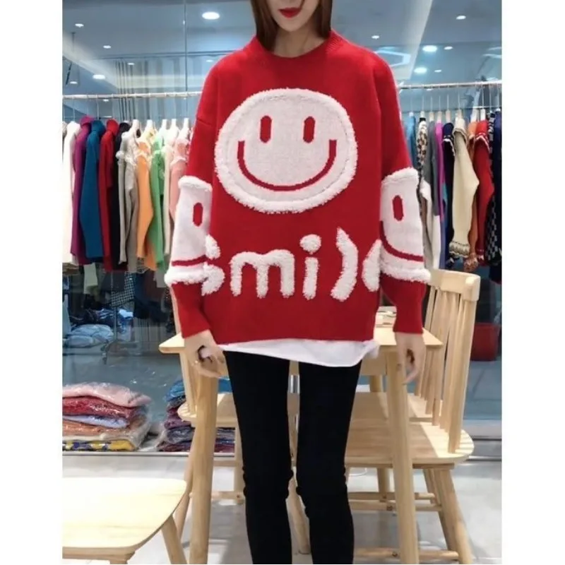 Women's Pullover Printing Patchwork Sweater Autumn Winter Fashionable Round Neck Loose Long Sleeve Cartoon Casual Knitted Tops