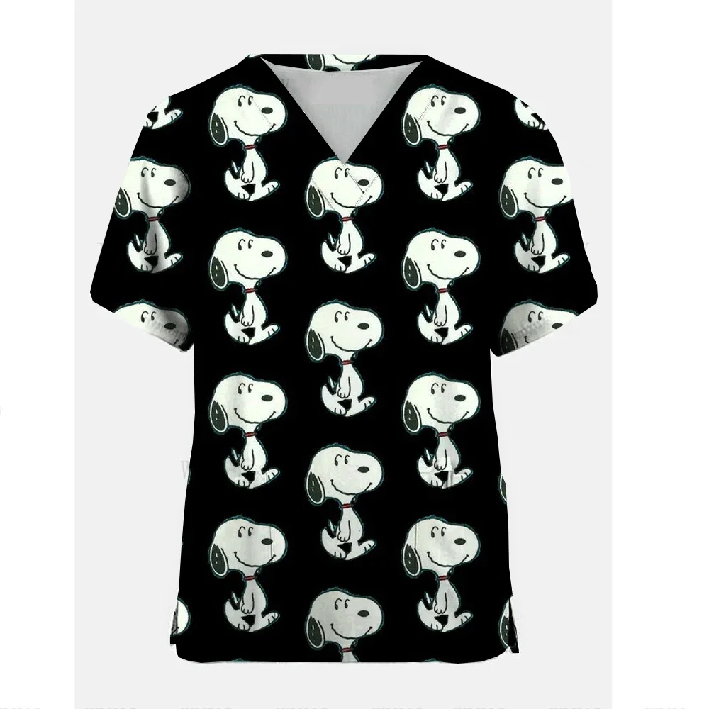 Women Tshirt Nurse Uniform Lovely Snoopy Charlie Brown Cartoon Print  V-Neck Pocket Medical Top Workwear Uniforme Enfermera Tops