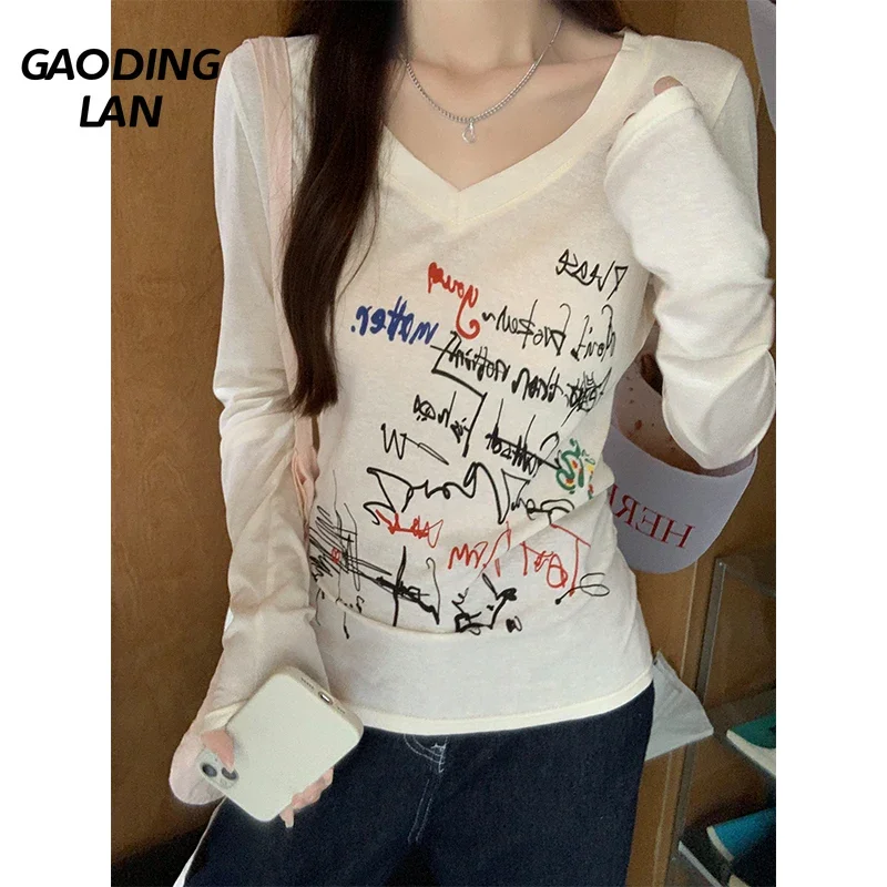 GAODINGLAN Creative Graffiti Print Women Tops Autumn Winter Long Sleeve Thin V Neck T Shirts Female Back Hollow Out Y2k Tees