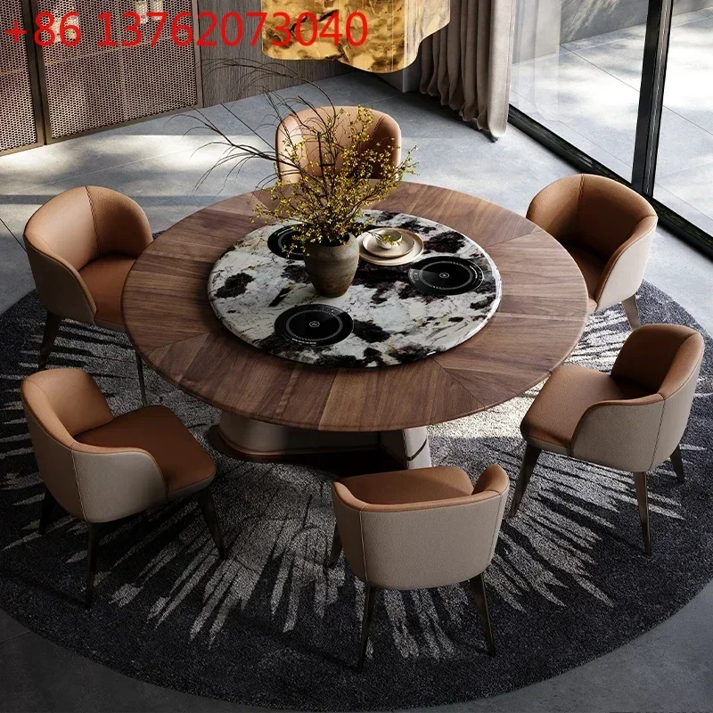 Luxury Round Dining Table Light Wind North American Black Walnut Electric Dining Table High End Marble Rotating Induction Cooker