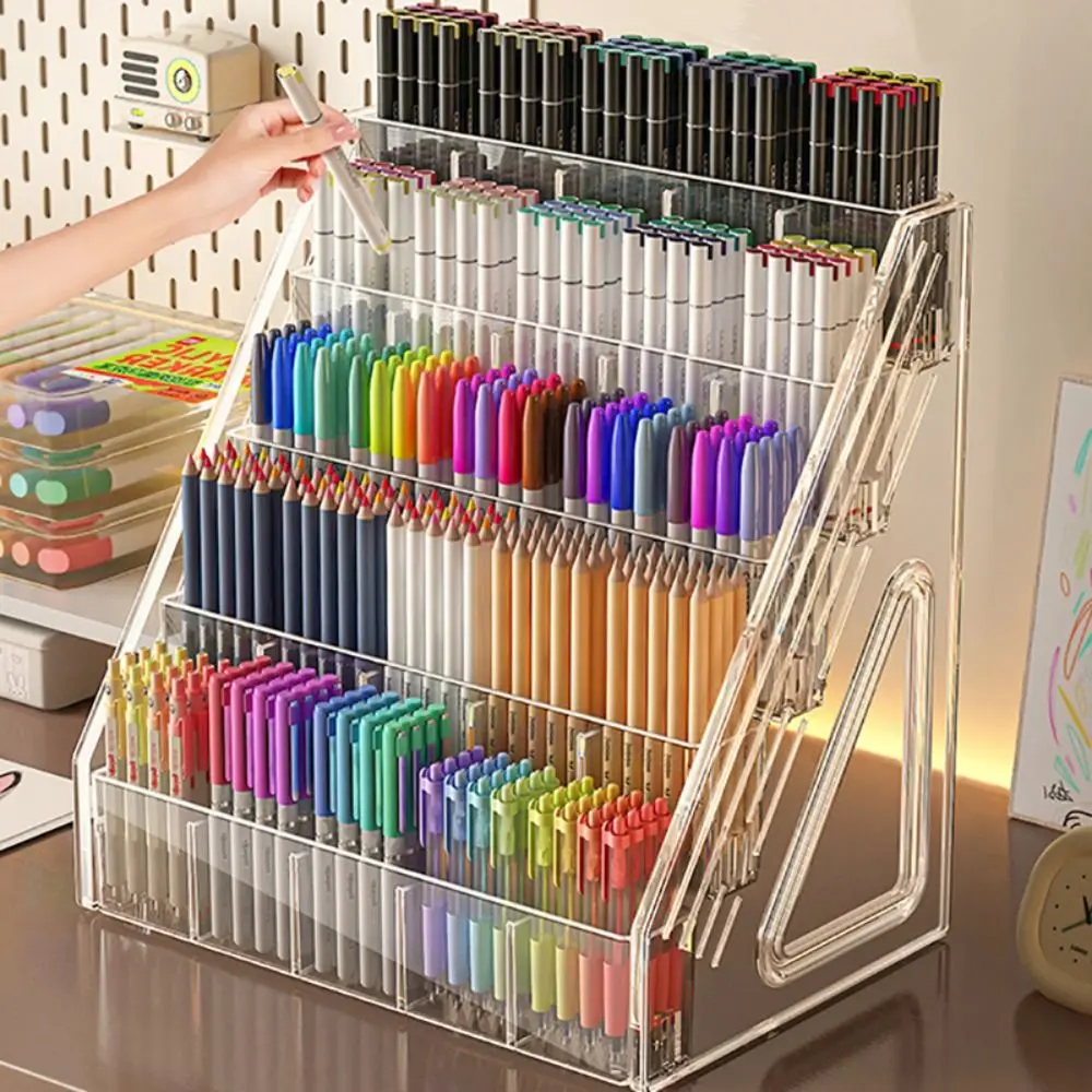 Durable Acrylic Pen Holder Clear 3/4/5 Layers Pen Rack Multi-Compartment Desktop Organizer Home Office
