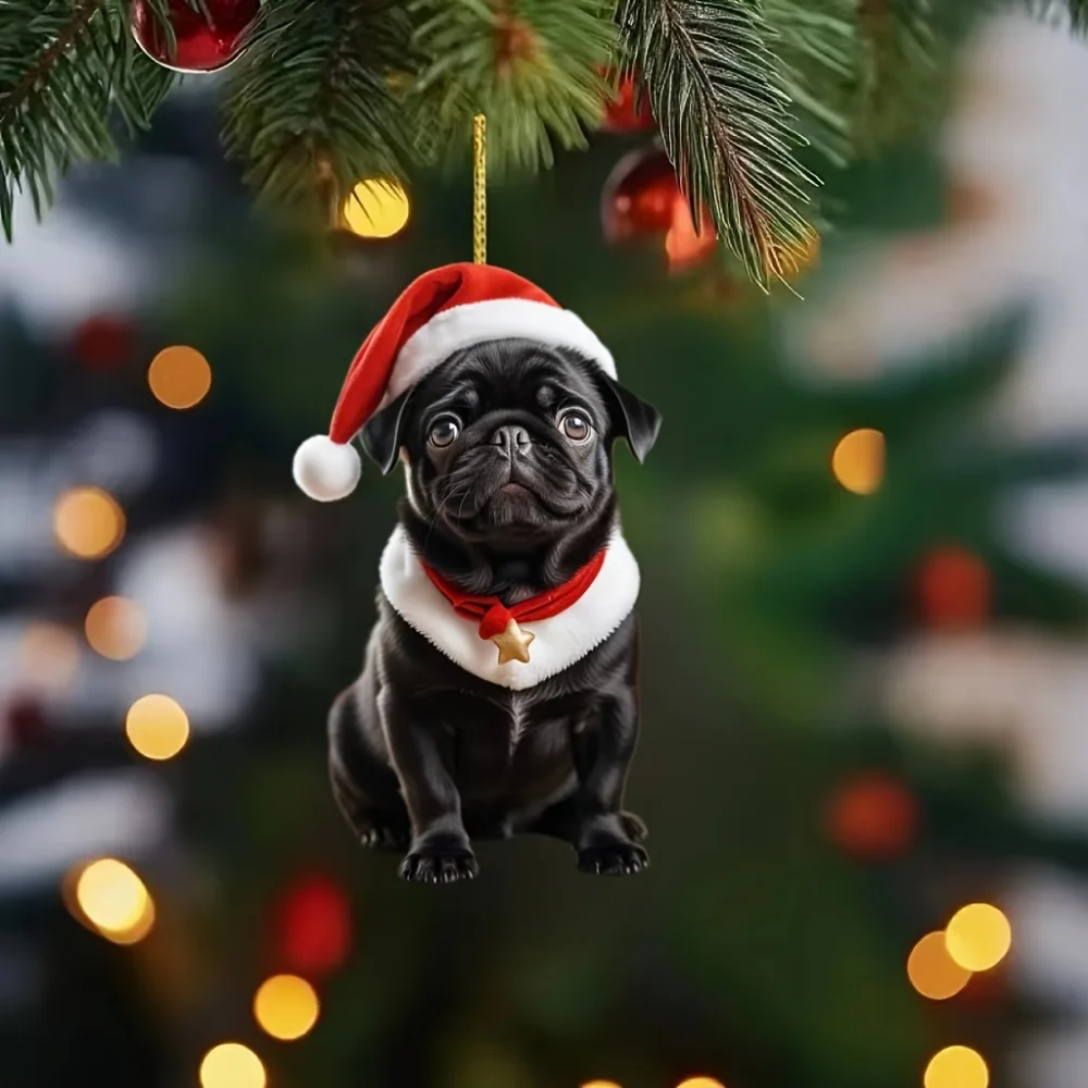 Cute Black Pug Christmas Pendant Keychain,Cartoon Puppy 2D Acrylic Versatile Charm,Decor for Car Mirror,Backpacks,Festive,Gift