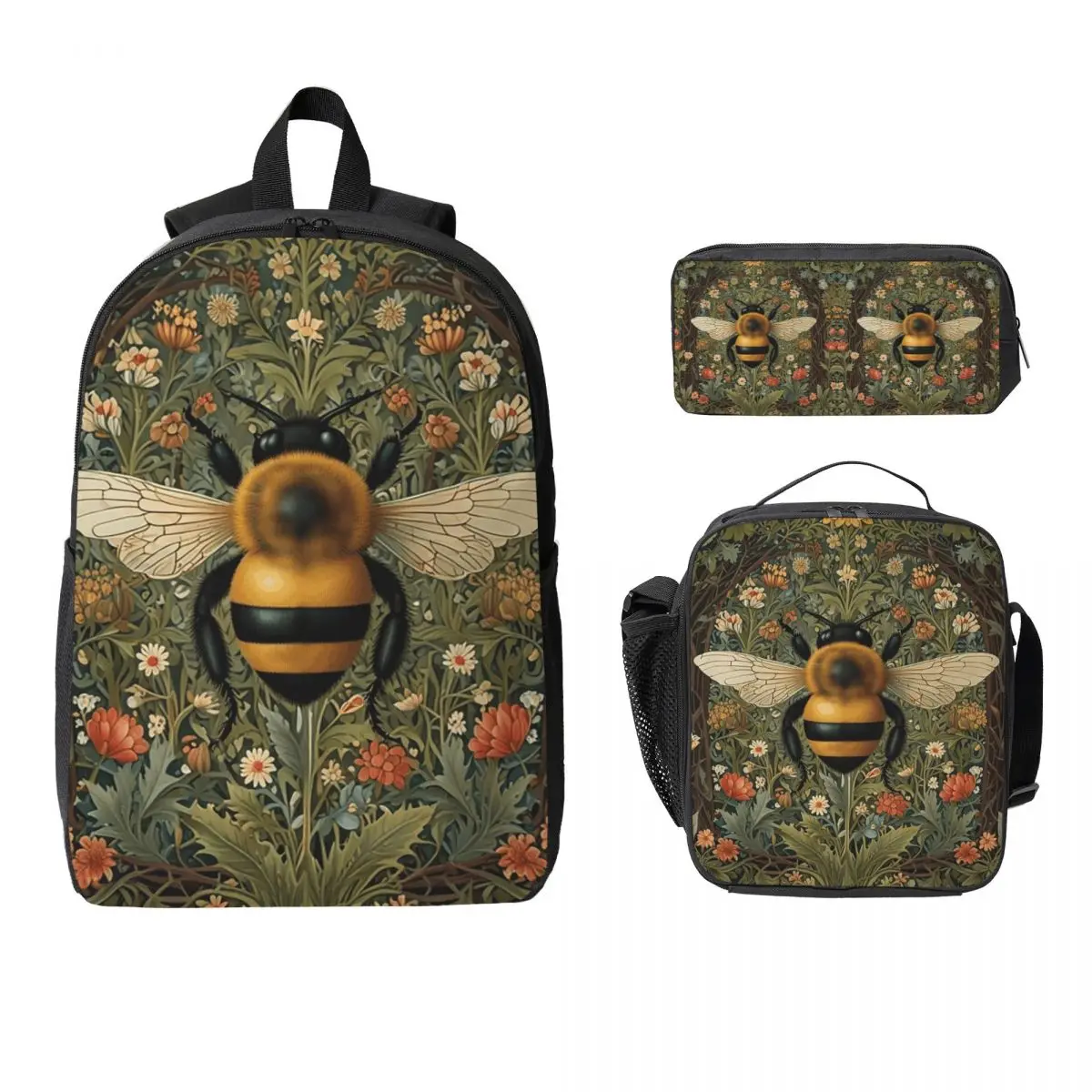 Bumblebee Botanical Gardens Floral Greenery Backpack BookBag School Bag Laptop Shoulder Bags 3ps Insulated Lunch Bag Pencil Case