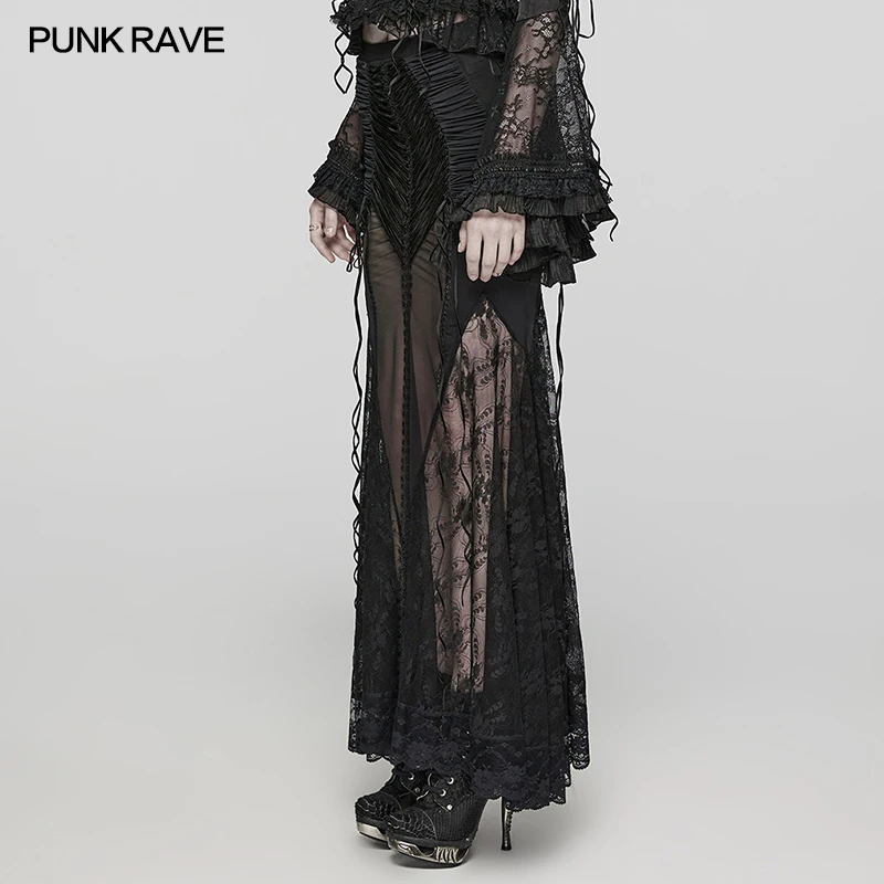 PUNK RAVE Women's Gothic Sexy Wrapped Hip Buttocks Slim Long Skirt Exquisite Drawstring Temperament Black Skirts Clothes