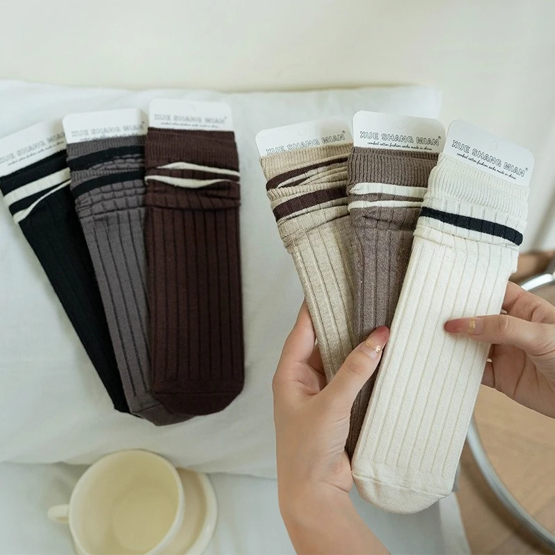 

Girls Striped Cotton Long Socks Japanese JK Black White Knee High Stockings Long Tube Leg Solid Color Girls Students Warm Socks