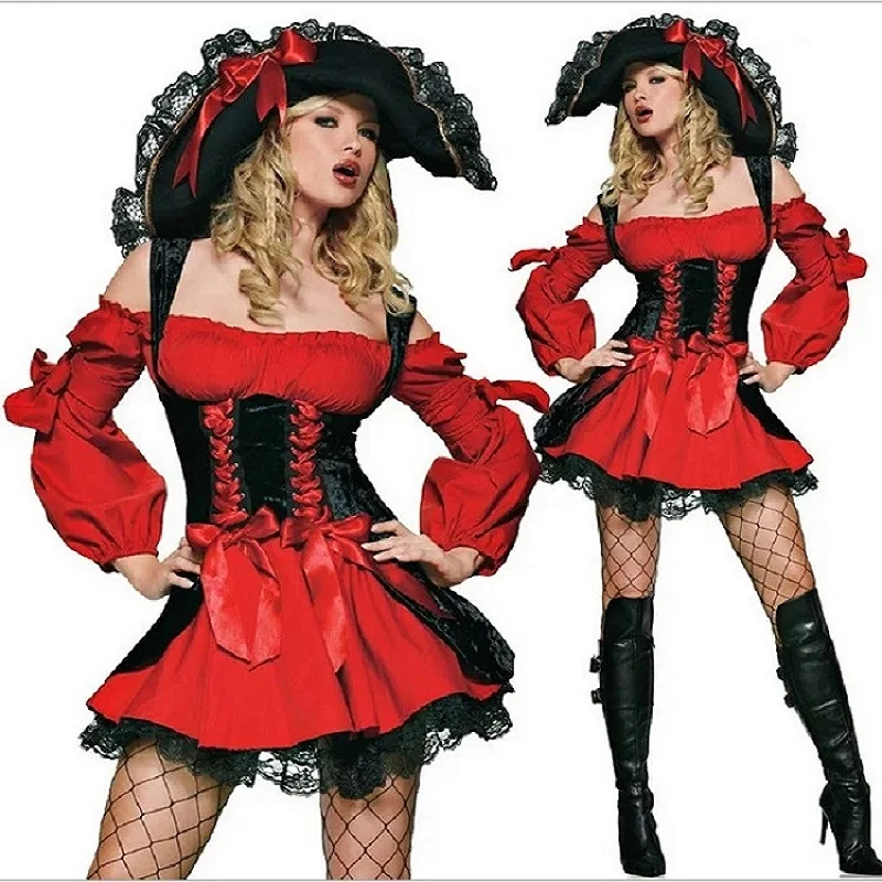 Woman Caribbean Pirate Costume Dress Girls Female Hat Party Cosplay Costume Clothes Halloween Role-playing Dresses