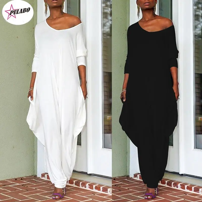 

PULABO Summer Spring Autumn Black/White Casual Ladies Loosed Jumpsuits Sexy Off Shoulder Slash Neck Jumpsuits