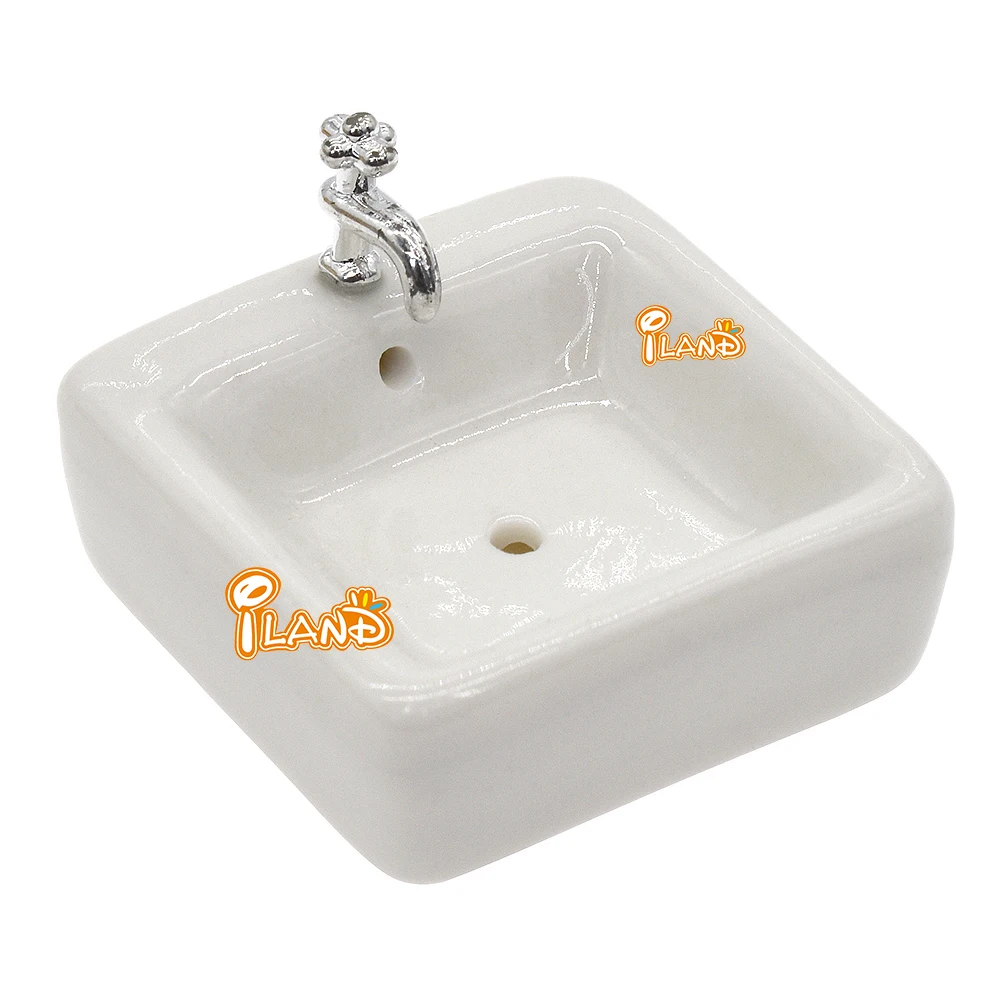 iLAND Doll House Miniature Ceramic Bathroom Sink Perfect Mini Square Washbasin With Faucet For Dollhouse Accessories