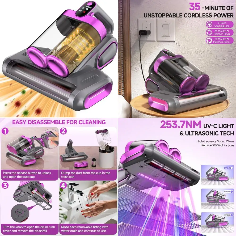 

Портативный беспроводной очиститель матрасов UV-C с всасыванием 16 кПа, 140 ° F Heat, Ultrasonic Tech и HEPA-фильтр для удаления шерсти домашних животных