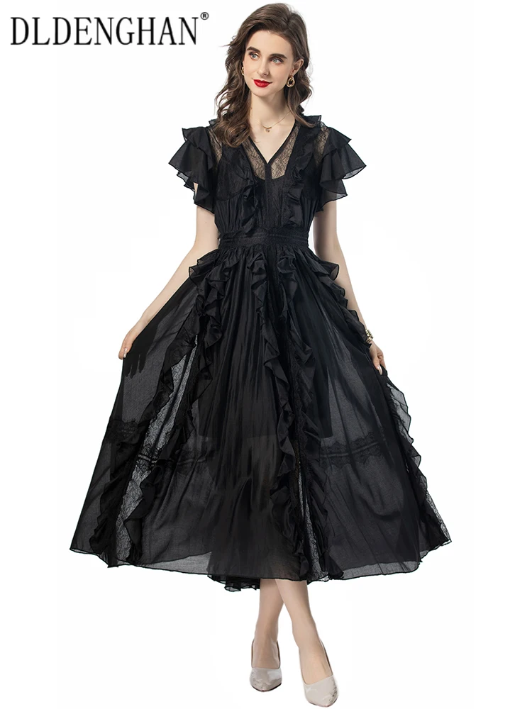 

DLDENGHAN Summer Solid Color Dress Women V-Neck Butterfly sleeve Ruffles Lace Patchwork Elegant Party Dress Fashion Designer New