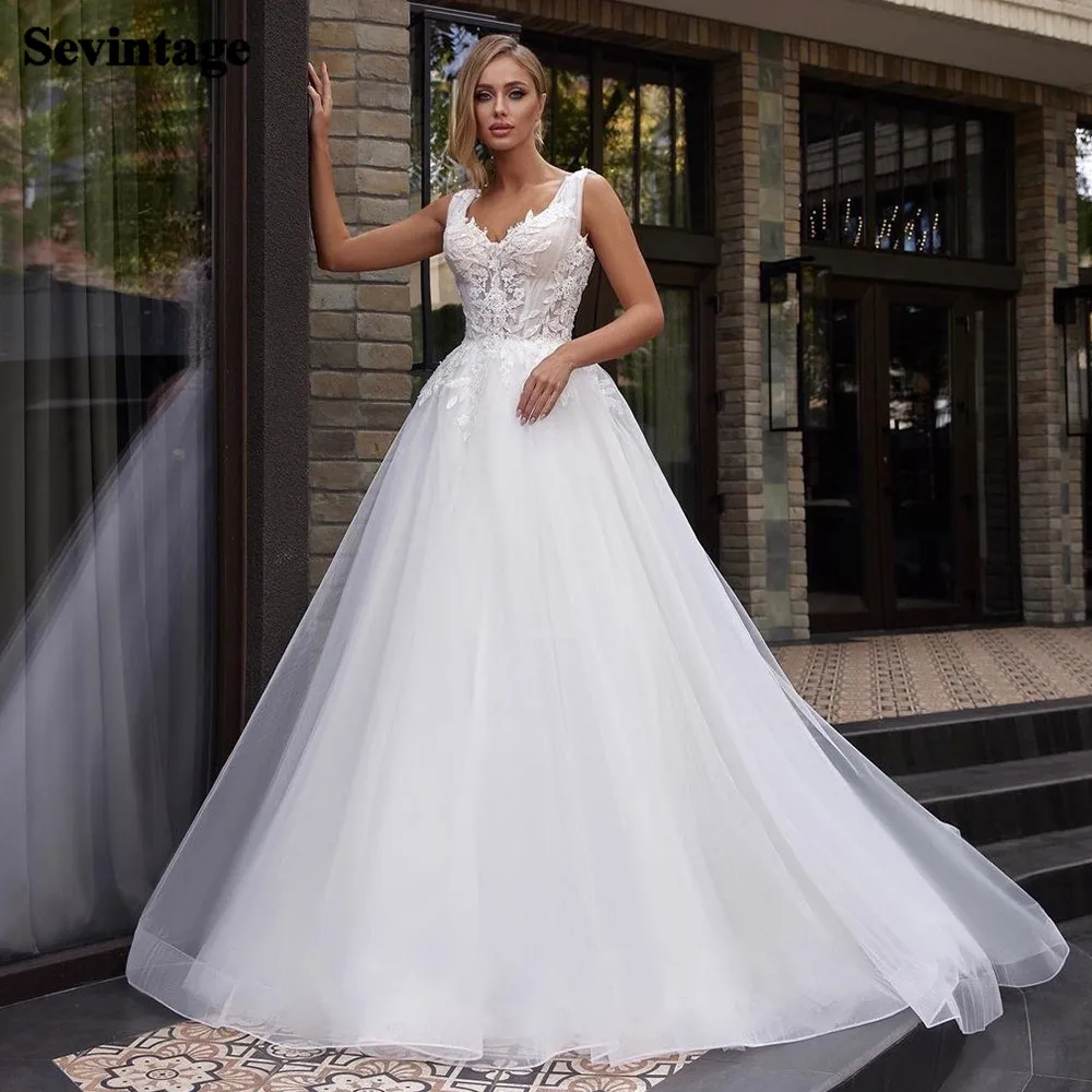 

Sevintage A Line Appliques Lace Wedding Dresses Sweetheart Floor Length Princess Formal Bride Dress Women Bridal Wedding Gowns