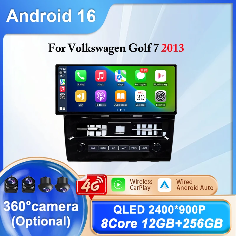 

Для Volkswagen Golf 7 2013: Android 16, QLED 12.3 дюйма, автомобильный мультимедийный радиоплеер, беспроводной Carplay, GPS-навигация, разделение экрана, Bluetooth