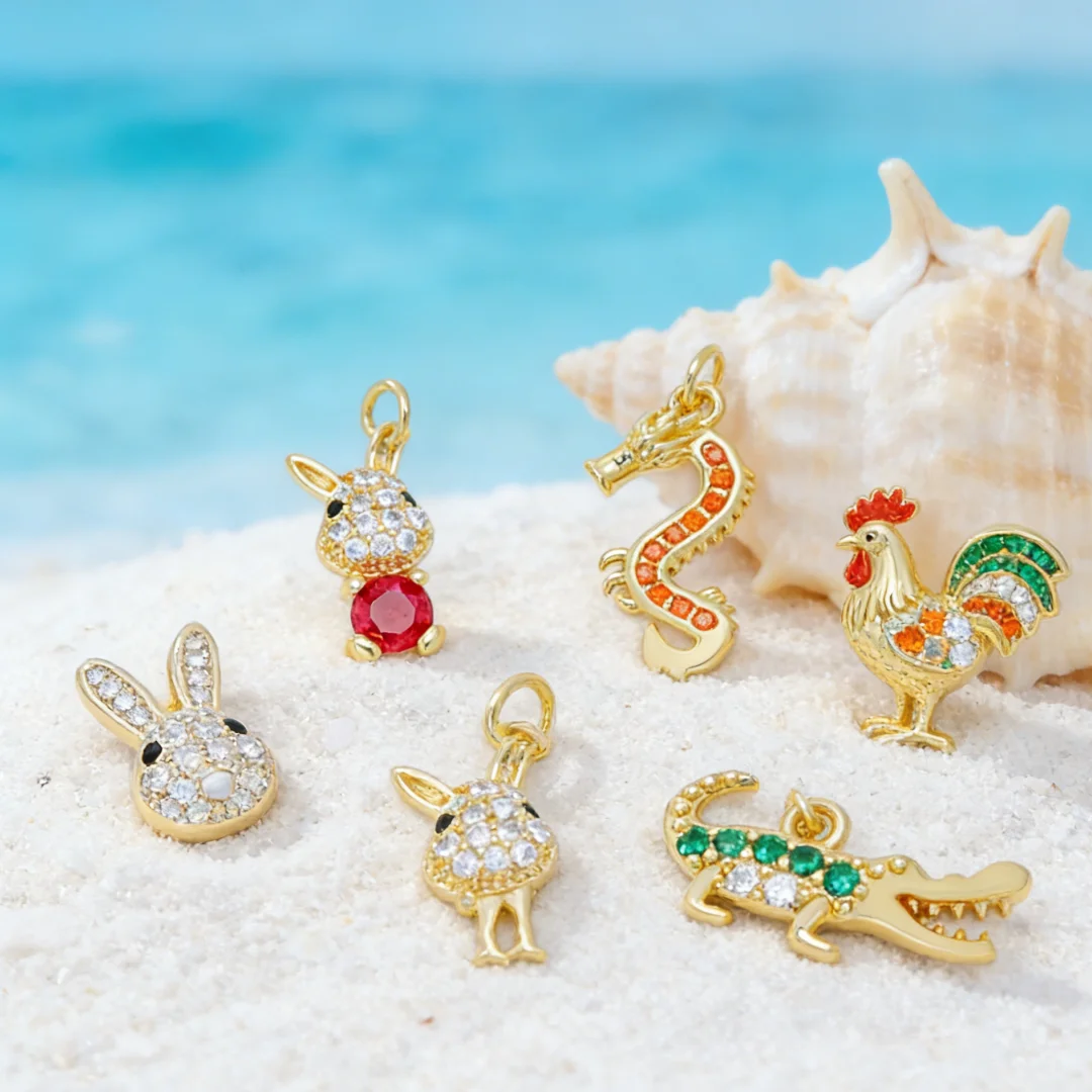 

Набор из 3 подвесок: латунные шармы с кубическим цирконием в виде животных (Дракон, Кролик, Крокодил, Петух) для изготовления украшений своими руками (ожерелья, браслеты)
