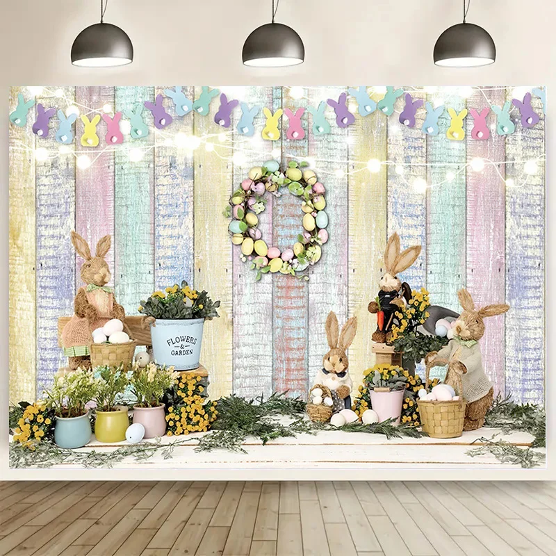 

Vinyl Custom Green Spring Easter Day Photography Backdrops Props Hare Rabbits Colorful Eggs Wood Photo Studio Background VV-16