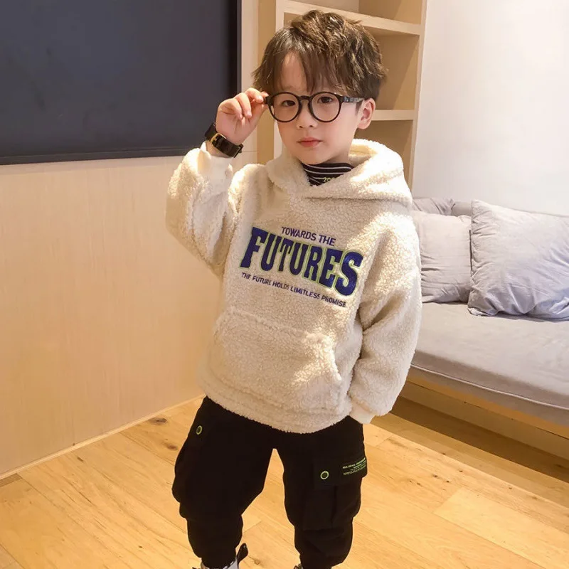 

Boys Hoodies Sweatshirts Cotton Tops 2022 Beige Warm Thicken Plus Velvet Winter Autumn Toddler Pullover Baby's Kids Children's C