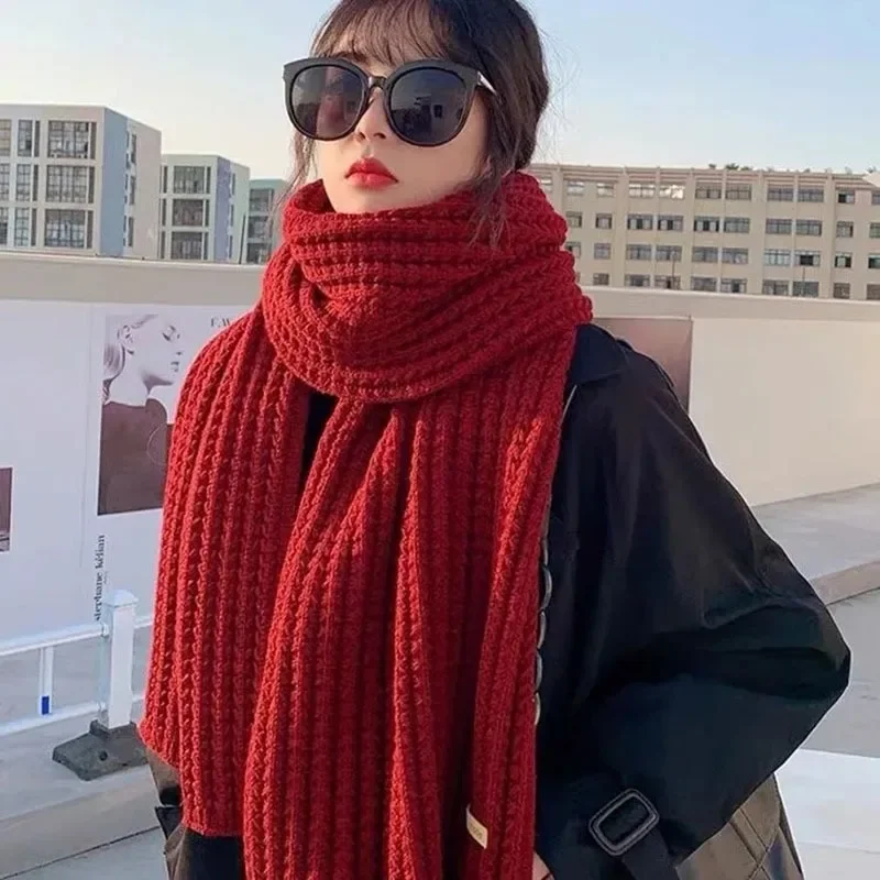 Winter Wine Red Warm Knitted Scarf Women's Solid Color Simple Casual Commuting Preppy Style Couple Japanese Korean Fashion E567