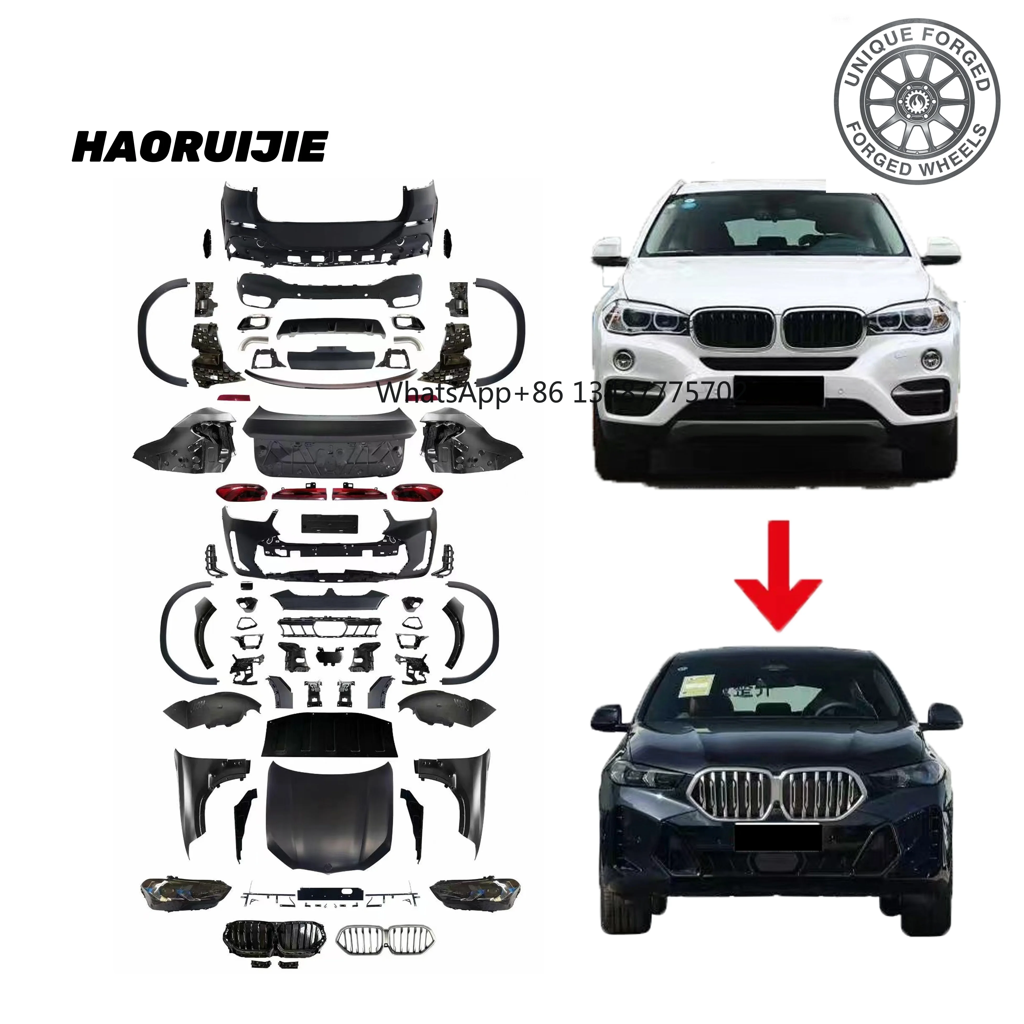 New Style M-Tech Conversion Kit for BMW X6 F16 2015-2019, Upgrade to X6 G06 LCI 2024 Style with Front Bumper, Hood, Grille and H